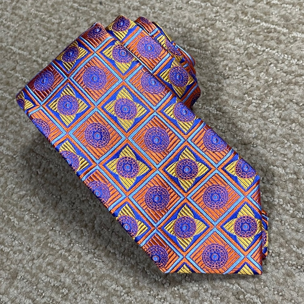 Nordstrom Men's Shop Silk Necktie OS Orange Blue Geometric Medallion Woven Tie
